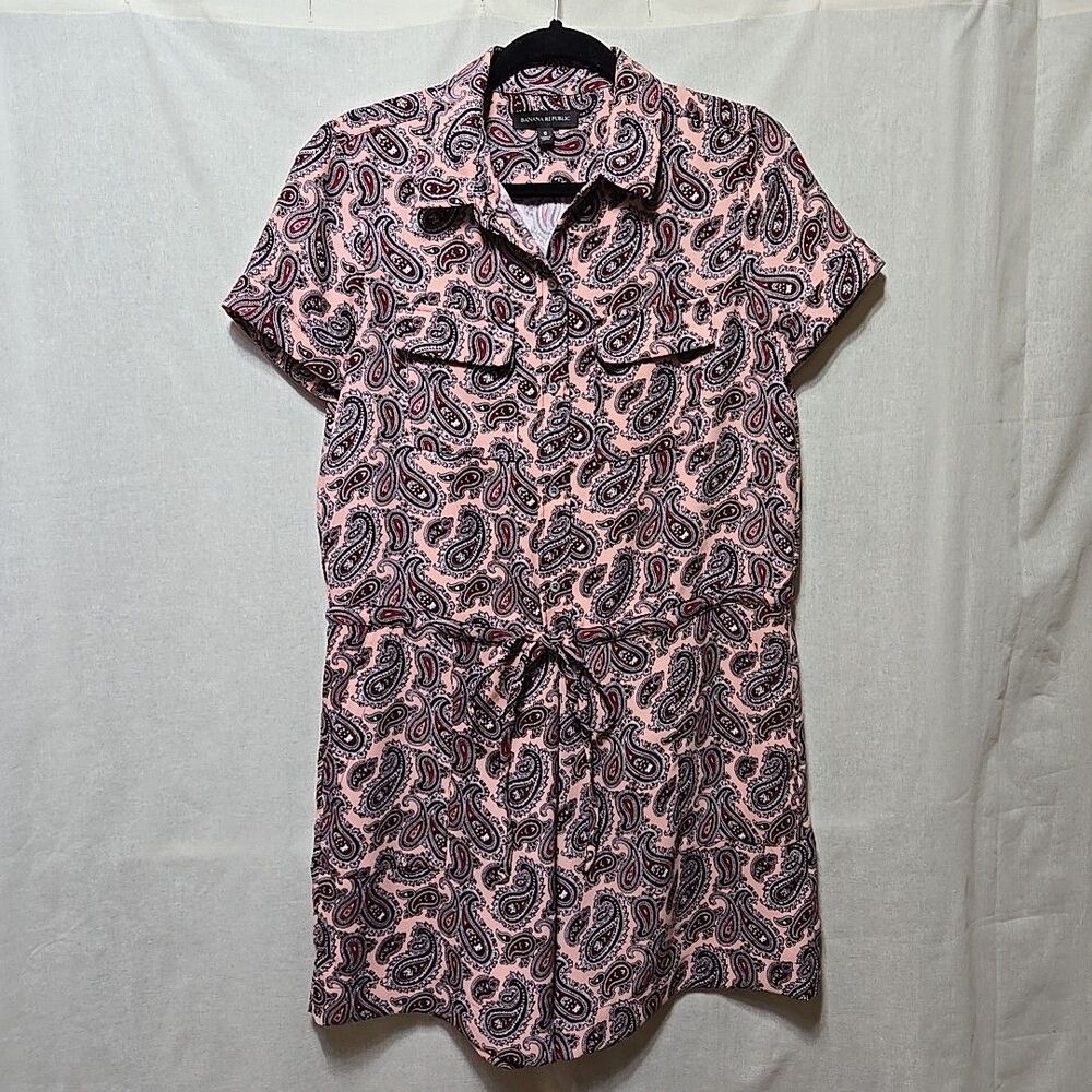 Banana Republic Romper Womens S Paisley Pink Short Sleeve Cinch Waist Pockets